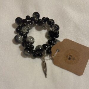 Black Beaded Stretch Bracelet with Silver Charm
